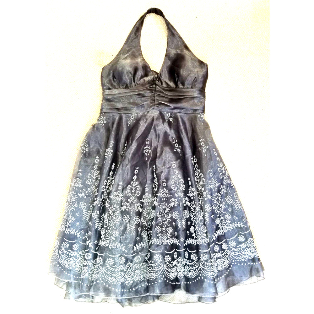 Womens Dress-JUMP APPAREL-gray floral beaded halter formal/prom flare -17/18